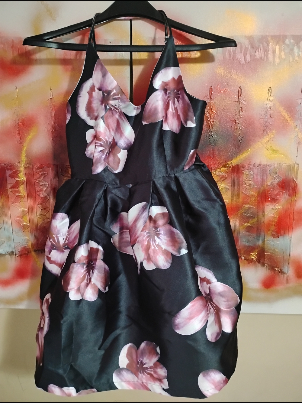 Black Floral Satin Halter Fit-and-Flare Dress